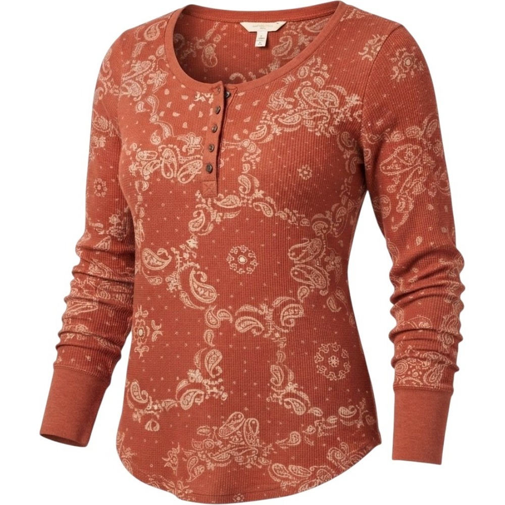 Terra Sky Henley Top Women 0X 14W XL Bandana Paisley Waffle Knit Burnt Orange